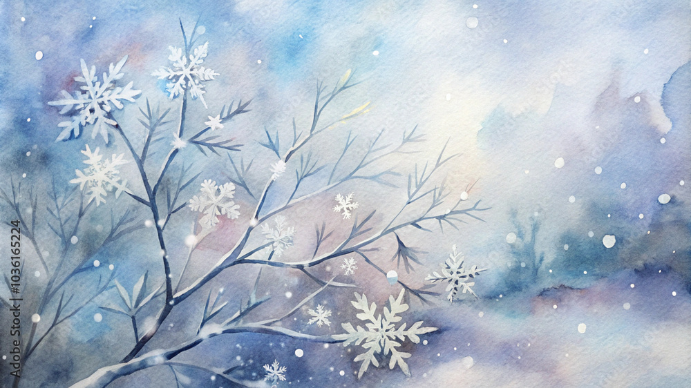 Winter landscape with leafless tree branch and snowflakes Winter landscape with leafless tree branch and snowflakes