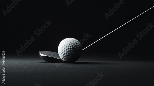A detailed view of a golf ball resting on a tee against a dark backdrop