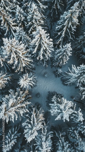  Snow-covered forest trees viewed from above, showcasing a serene winter landscape and tranquil natural beauty