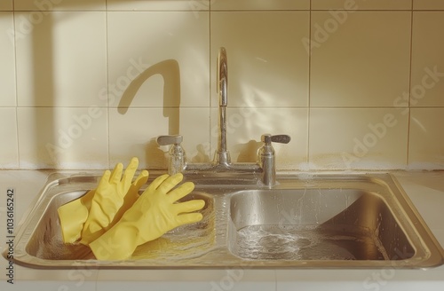 Cleaning gloves and containers next to an empty kitchen sink on a sunny day