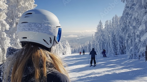 A young skier wearing protective gear amidst snowy trees on a bright winter day