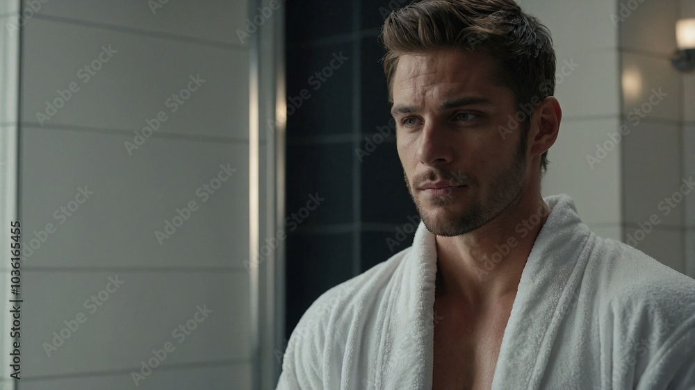 Muscular young man in a warm white robe looking thoughtfully in a modern bathroom mirror. Muscular young man in a warm white robe looking thoughtfully in a modern bathroom mirror.