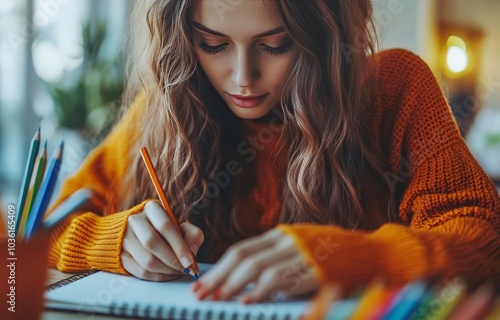 Woman in an orange sweater sketching with colored pencils at a cozy indoor wo...
