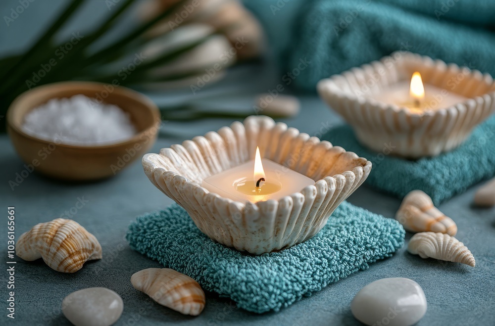 Relaxing candles in a tranquil setting with natural elements and soothing colors Relaxing candles in a tranquil setting with natural elements and soothing colors