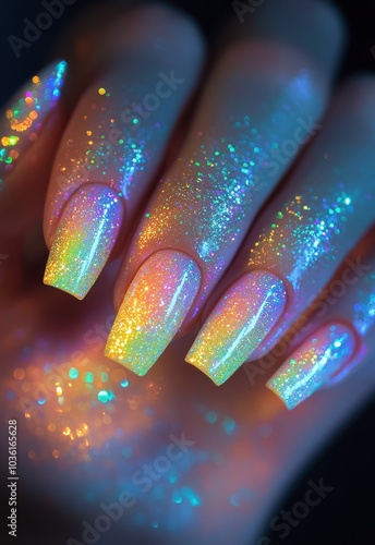 Vibrant green glittering nails on a hand against a colorful background