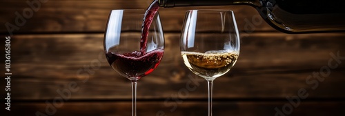 Pouring red and white wine into elegant glasses at a cozy rustic setting duri...