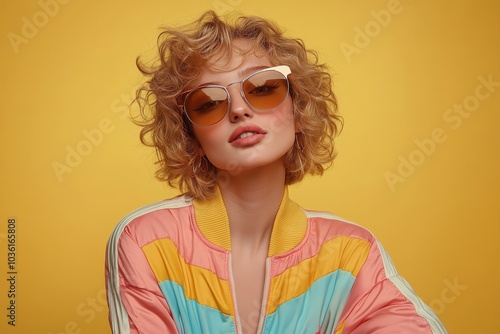 A fashionable young woman with curly blonde hair showcases her chic style whi...