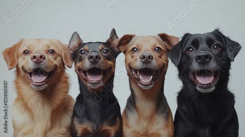 Four cheerful dogs posing together in a studio setting with bright background...