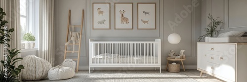 Cozy and modern nursery design featuring a crib, soft colors, and animal artw...