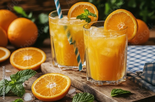 Refreshing orange juice with mint served in glasses beside fresh oranges on w...