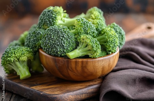 Freshly harvested broccoli in a wooden bowl on a rustic table with more veget...