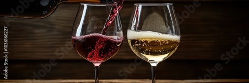 Pouring red and white wine into elegant glasses at a cozy rustic setting duri...