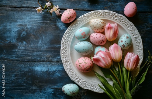 Festive Easter table setting with pink tulips and decorative eggs on a rustic...