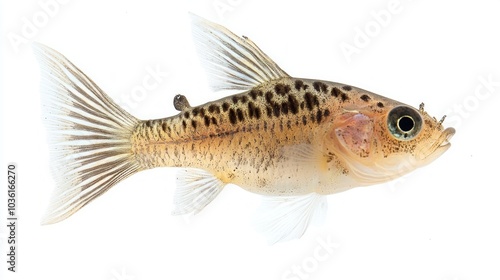 Pygmy Corydoras glides gracefully in clear water displaying its distinct spots and vibrant coloration against the bright white backdrop highlighting its beauty.