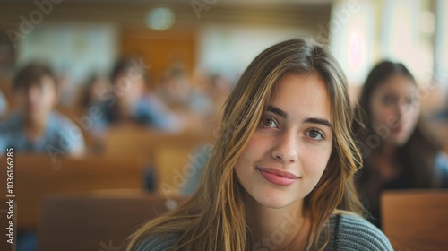 Beautiful young woman student, showcasing confidence and intellect, in a university classroom, prepared for her studies