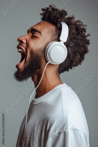 Young man enthusiastically singing into the air while wearing headphones in a...