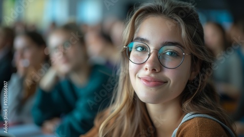 Beautiful young woman student, showcasing confidence and intellect, in a university classroom, prepared for her studies