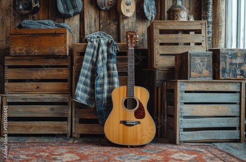 A rustic acoustic guitar rests against a wooden crate in a cozy indoor setting