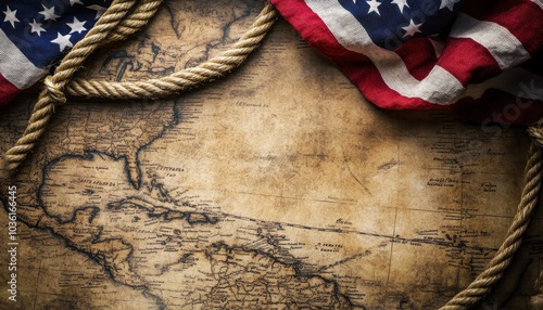 Old world map of the Americas framed by vintage ropes and American flags photo