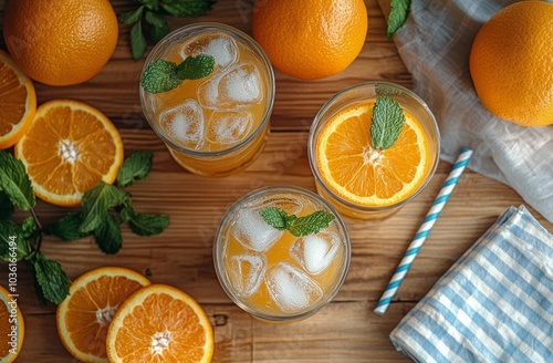 Refreshing orange juice with mint served in glasses beside fresh oranges on w...