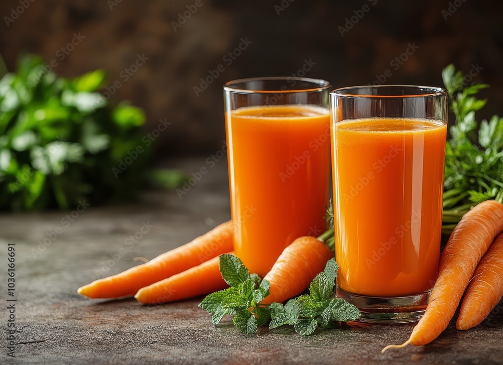Freshly made carrot juice served in clear glasses with fresh carrots on a rustic table Freshly made carrot juice served in clear glasses with fresh carrots on a rustic table