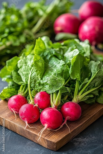 Freshly harvested radishes with green leaves on a wooden cutting board in a kitchen setting