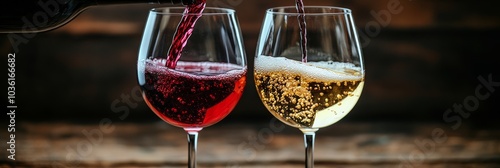 Pouring red and white wine into elegant glasses at a cozy rustic setting duri...