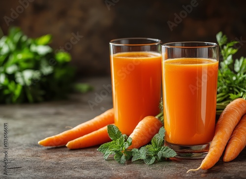 Freshly made carrot juice served in clear glasses with fresh carrots on a rus...