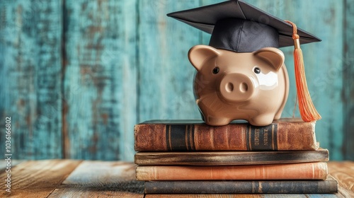 A graduation cap atop a piggy bank sitting on stacked vintage books on a wood...