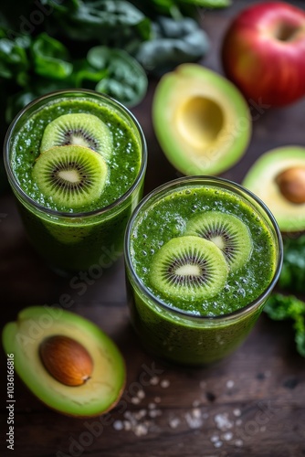 Refreshing green smoothie made with kiwi and avocado on a wooden table with w...