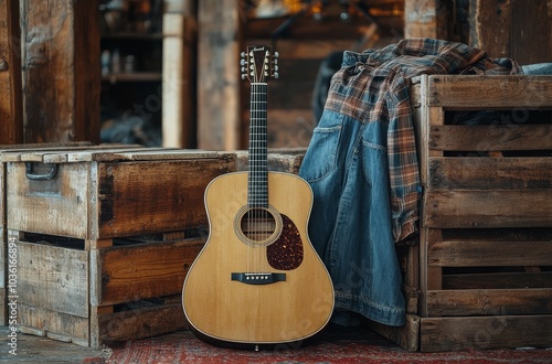 A rustic acoustic guitar rests against a wooden crate in a cozy indoor setting