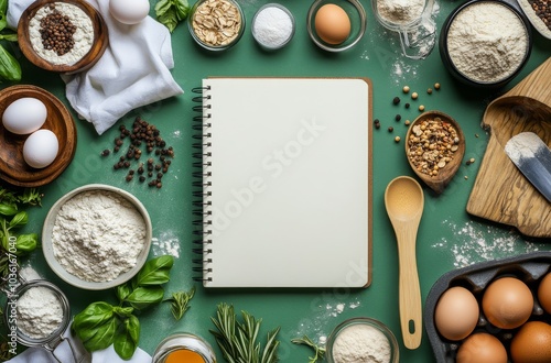 Baking preparation with eggs, flour, and a blank notepad on a rustic kitchen ...
