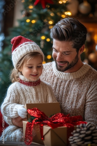 Joyful father and daughter sharing a gift during a cozy Christmas celebration...