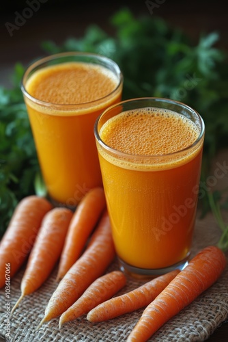 Freshly prepared carrot juice served in glasses with vibrant carrots and gree...