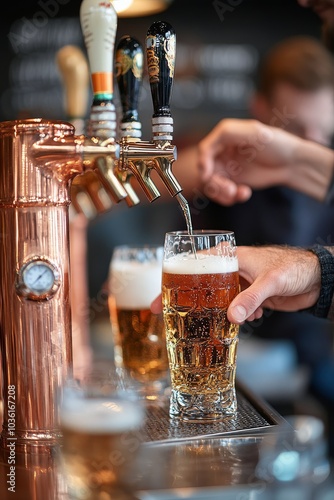 Pouring a fresh draft beer at a lively bar during the evening hours with frie...