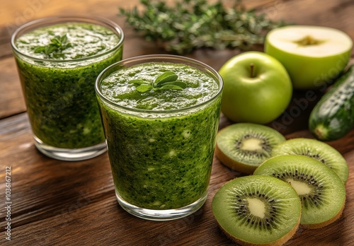 Refreshing green smoothie with apples, kiwis, and cucumbers on wooden table