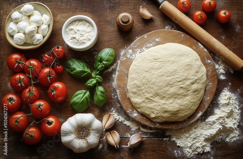 Preparing fresh pizza dough and ingredients on a wooden countertop with vibra...