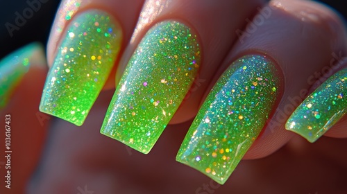 Bright luminous green glitter nails showcased against a dark background in a ...