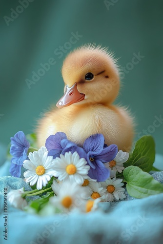 A cute duckling surrounded by colorful flowers in a serene indoor setting