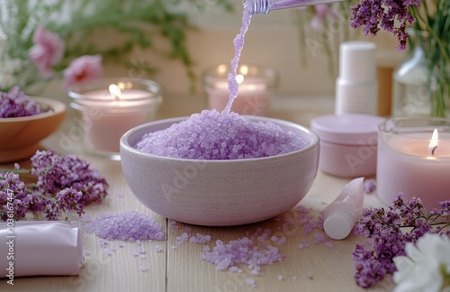 Spa day preparation with lavender bath salts and candles for a relaxing exper...