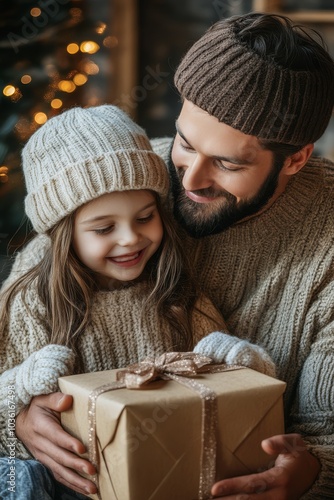 Joyful father and daughter sharing a gift during a cozy Christmas celebration...