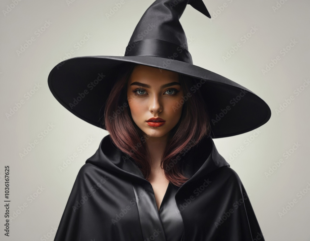 A beautiful witch in a hat, waist-length portrait A beautiful witch in a hat, waist-length portrait