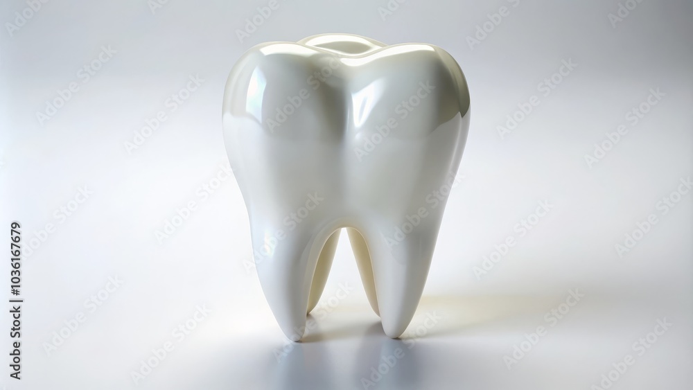 Single white tooth standing on a white reflective surface
