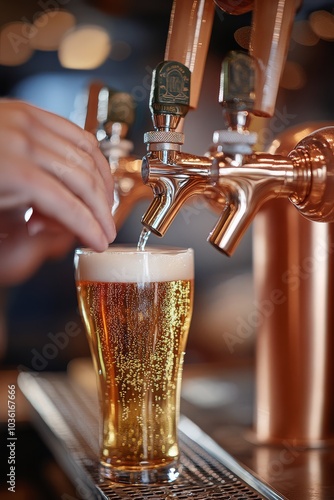 Pouring a fresh draft beer at a lively bar during the evening hours with frie...