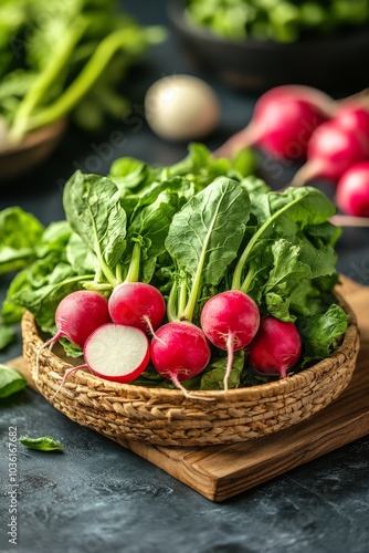 Freshly harvested radishes with green leaves on a wooden cutting board in a k...