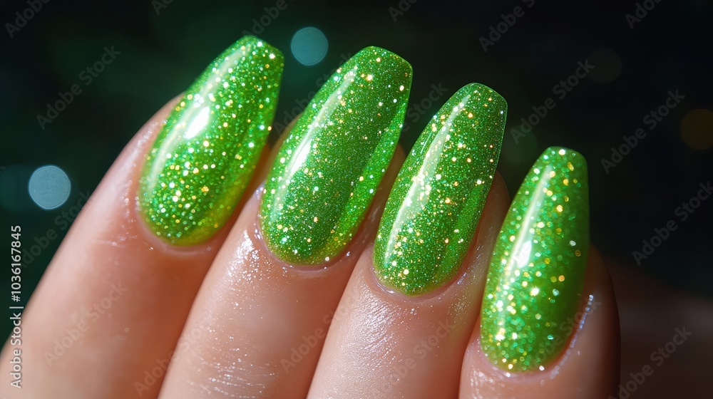 Bright luminous green glitter nails showcased against a dark background in a beauty setting Bright luminous green glitter nails showcased against a dark background in a beauty setting