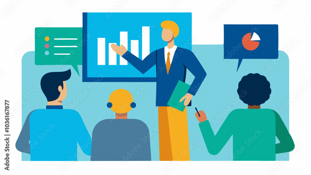Visual Aid Presentation A business meeting where one individual is presenting with visual aids such as charts and graphs. The audience includes diverse colleagues some taking notes Visual Aid Presentation A business meeting where one individual is presenting with visual aids such as charts and graphs. The audience includes diverse colleagues some taking notes