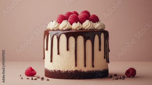 Decadent chocolate cake topped with raspberries and cream in a soft pastel se...