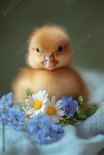 A cute duckling surrounded by colorful flowers in a serene indoor setting