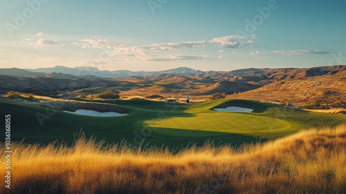 A serene golf course at sunset, showcasing lush greens and sandy bunkers in a...